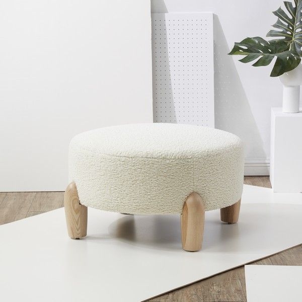 Round Ottoman, Central Button Tuft Charcoal Fabric, Tapered Wood Legs