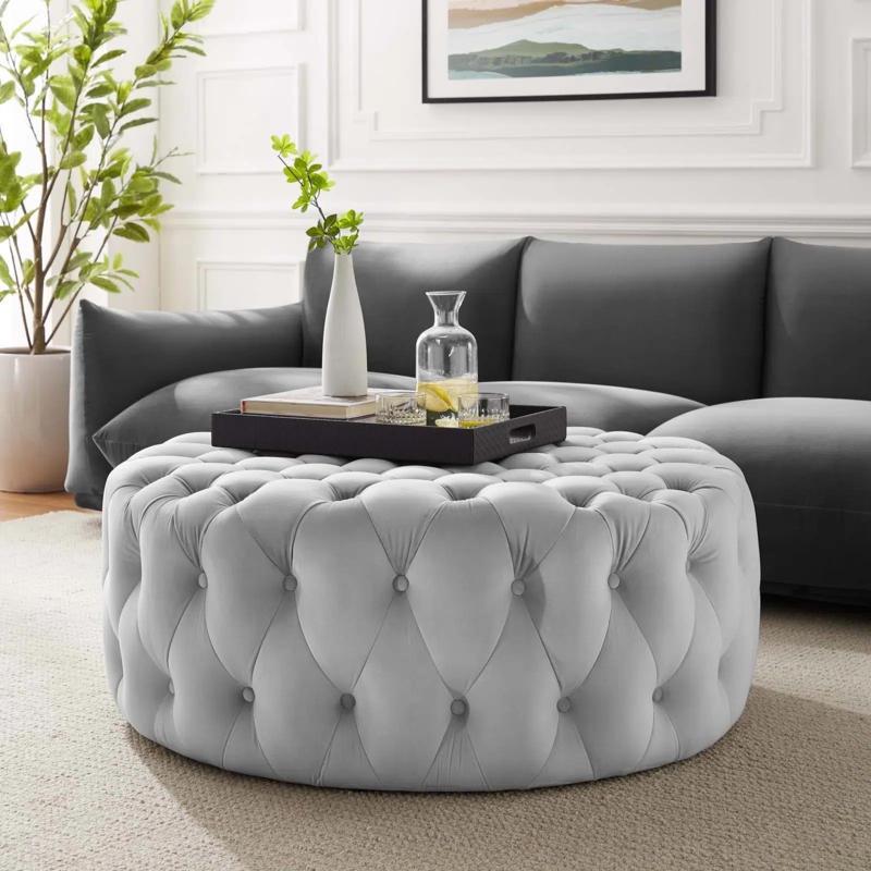Round Ottoman Coffee Table, All-Over Button Tufted Velvet-Like Glam