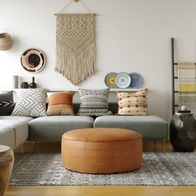 Round Ottoman Cognac Distressed Piped Edges Mid-Century Styling