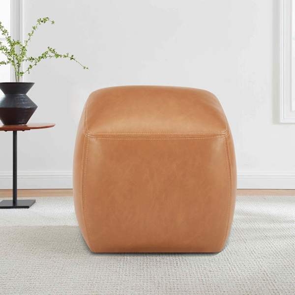 Round Ottoman Cognac Drum Piped Detail, Minimalist Drum Footstool Seating