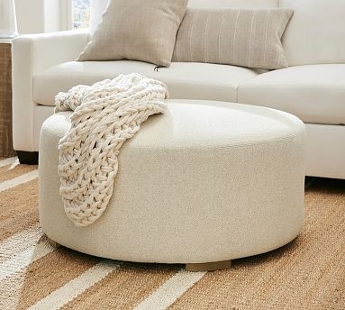 Round Ottoman, Cream Basketweave Fabric with Wood Legs