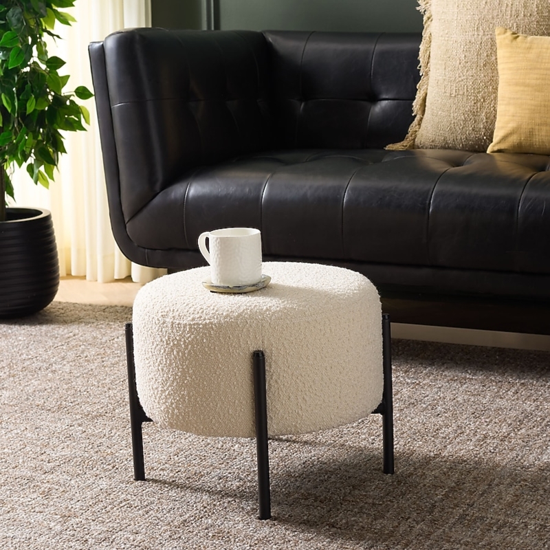 Round Ottoman, Cream Boucle Fabric Black Metal Frame