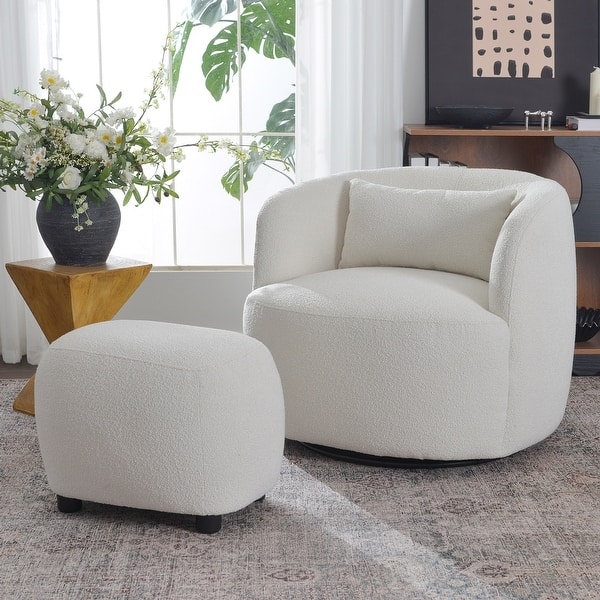 Round Ottoman Cream Boucle Texture Low Profile Minimalist