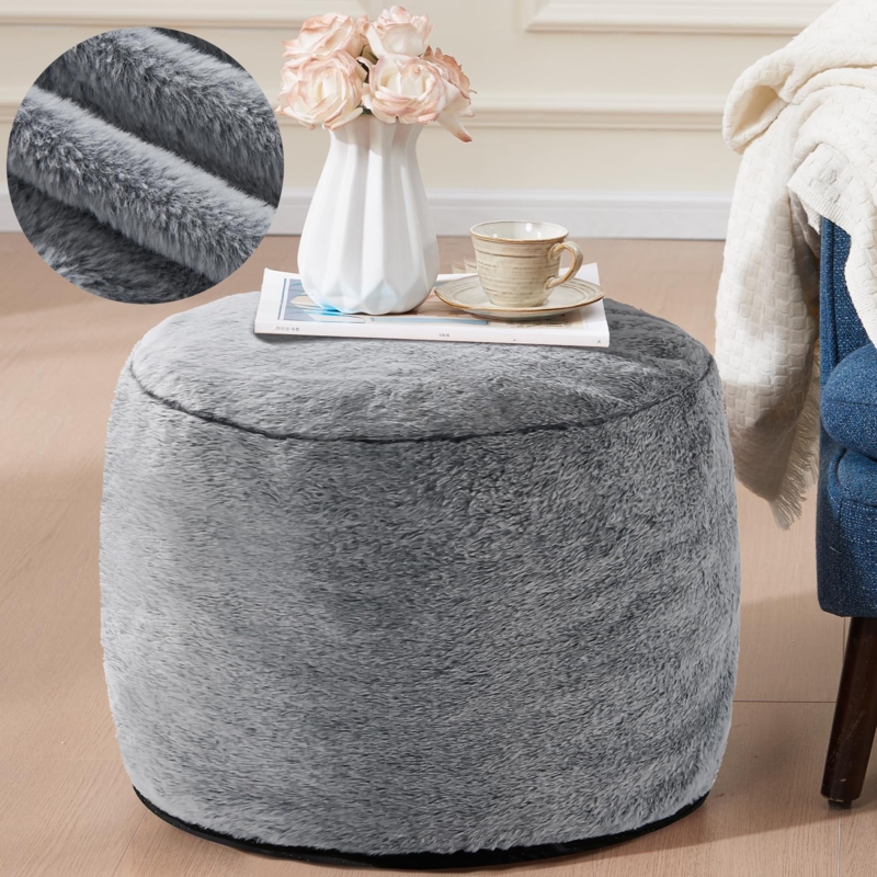 Round Ottoman Dark Grey Woven Fabric Cylindrical Plump Filling