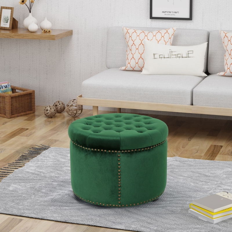 Round Ottoman Drum Shape Matte Black Base Button Tufted