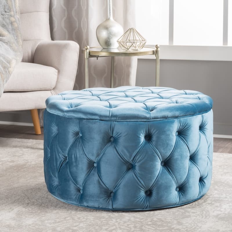 Round Ottoman Emerald Green Velvet Diamond Tufted Footstool