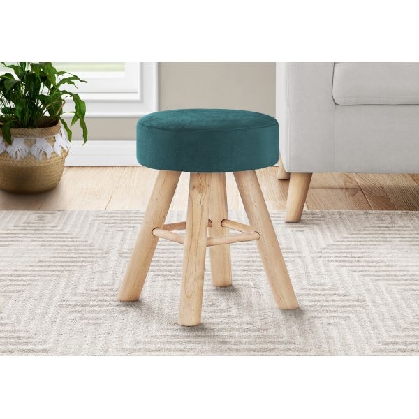 Round Ottoman Emerald Green Velvet Splayed Wood Legs Mid Century