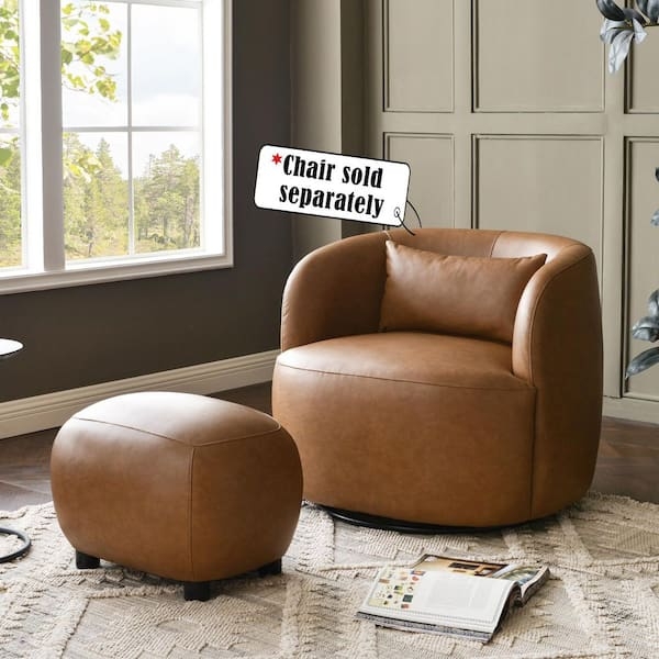 Round Ottoman Gold Metallic Base Tan Faux Leather Modern Glam Footrest
