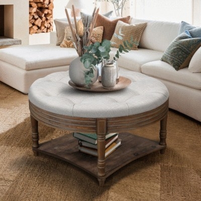 Round Ottoman Gray Two Tier Storage Shelf Metal Frame
