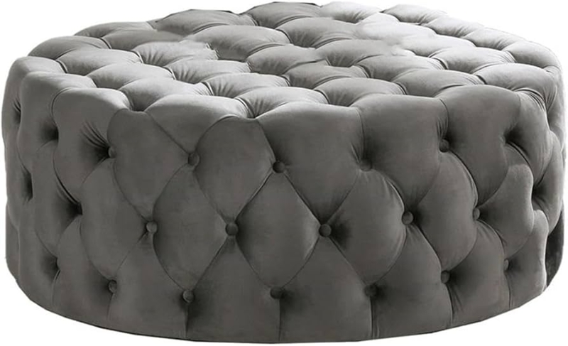 Round Ottoman Gray Velvet Oversized Diamond Tufted Turned Legs