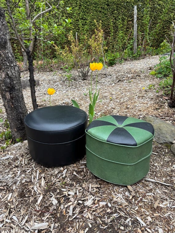 Round Ottoman in Black Vinyl with Cross-Stitched Top and Tapered Legs