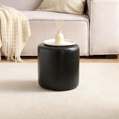 Round Ottoman in Camel Faux Leather with Vertical Stitching (63 chars)