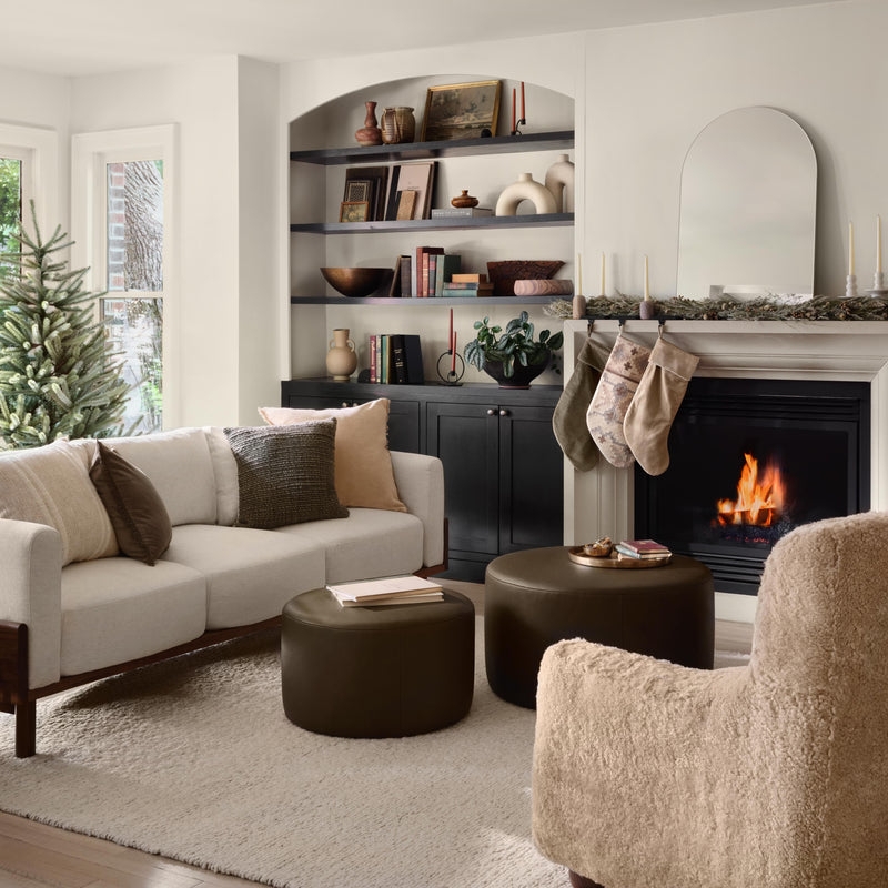 Round Ottoman in Olive Green Leather with Panel Detail for Modern Style
