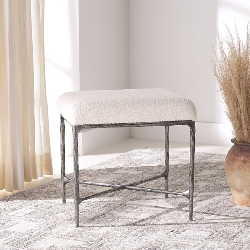 Round Ottoman, Ivory Boucle Texture Black Metal Open Frame