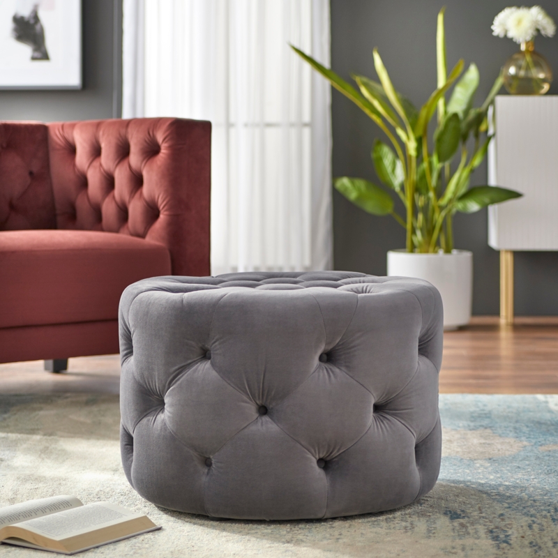 Round Ottoman Ivory Boucle Vertical Channeling, Glam Gold Base Footstool
