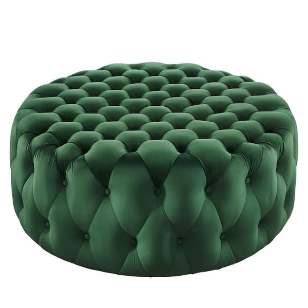 Round Ottoman Large Scale Emerald Green Velvet Button Tufted Accent