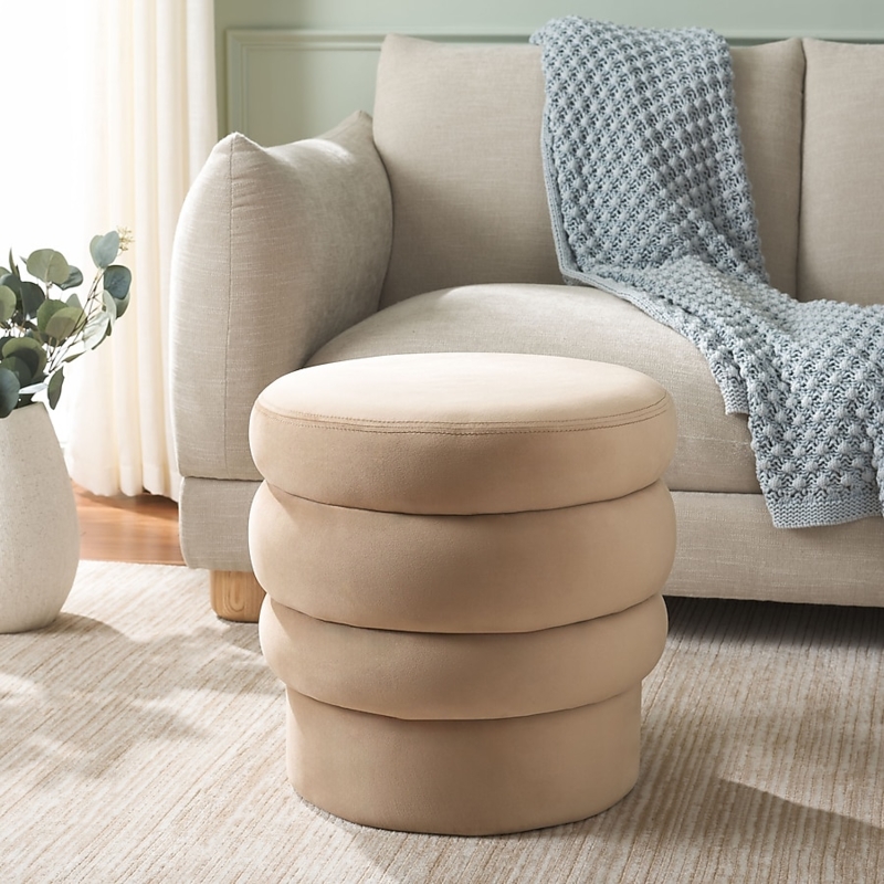 Round Ottoman Layered Design Tan Velvet Texture Modern Style