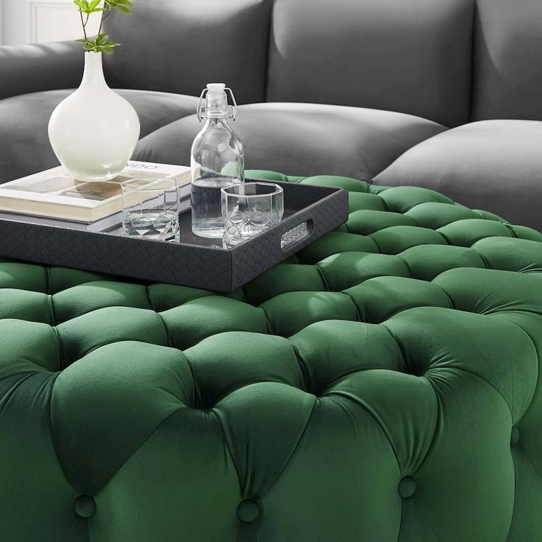 Round Ottoman Low Profile Diamond Button Tufting Emerald Green