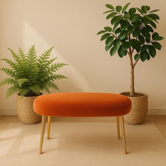 Round Ottoman, Minimalist Leather-like Seat Metal Base