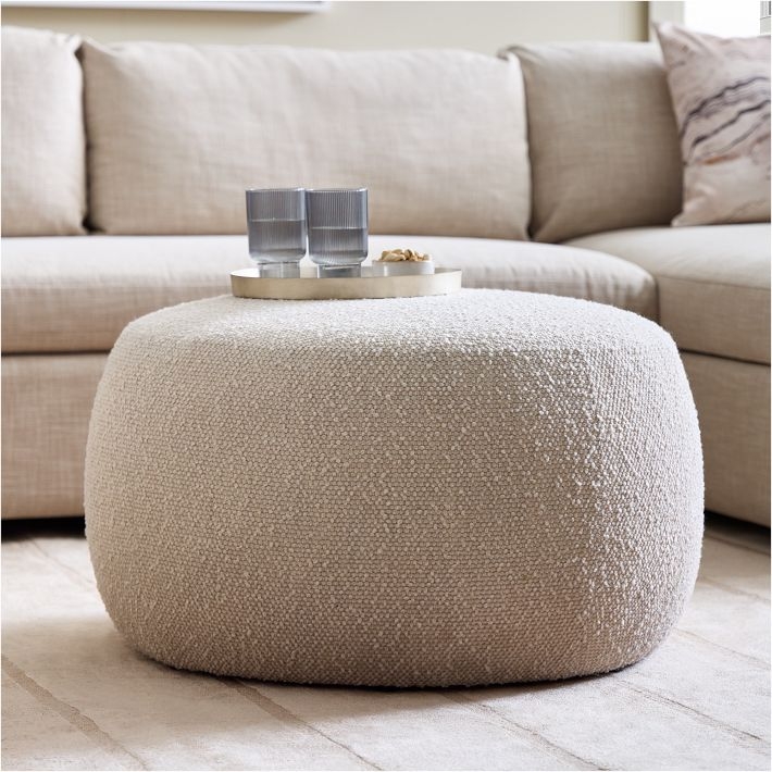 Round Ottoman Off White Chunky Woven Texture Flat Top