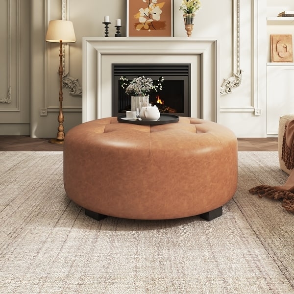 Round Ottoman Oversized Button Tufted with Short Wood Legs