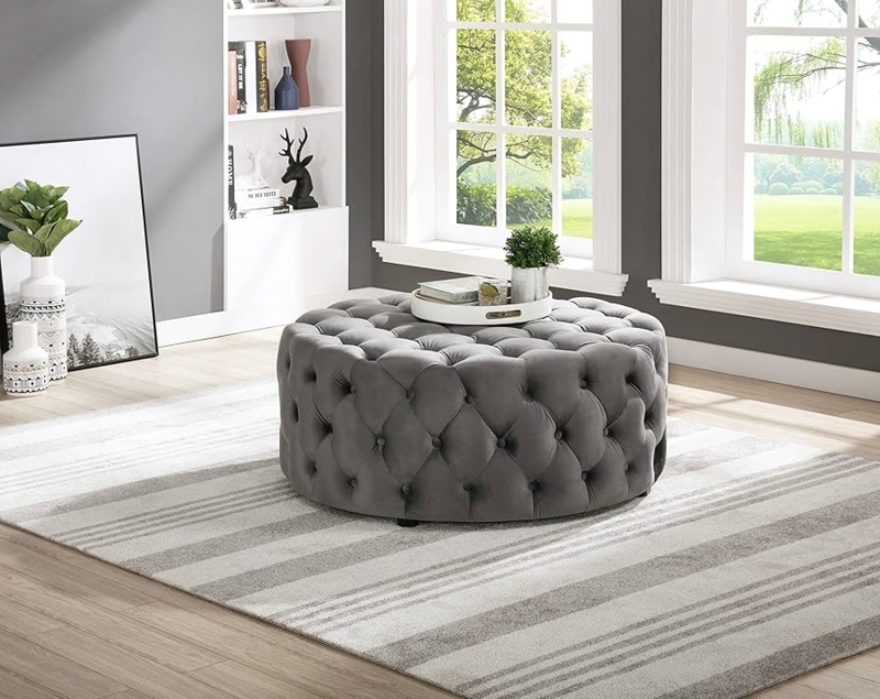 Round Ottoman Oversized Gray Velvet Diamond Tufted Coffee Table