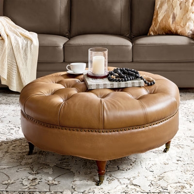Round Ottoman Oversized Leather-Like Nailhead Trim Caster Wheels