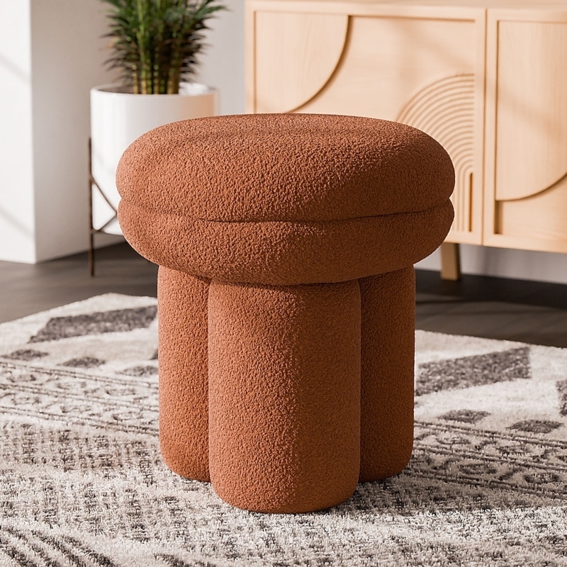 Round Ottoman Saddle Brown Boucle Mushroom, Contemporary Pouf