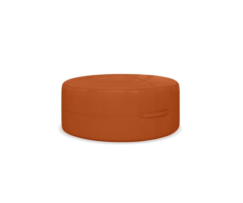Round Ottoman, Tangerine Leather Radiating Stitching, Piped Edges