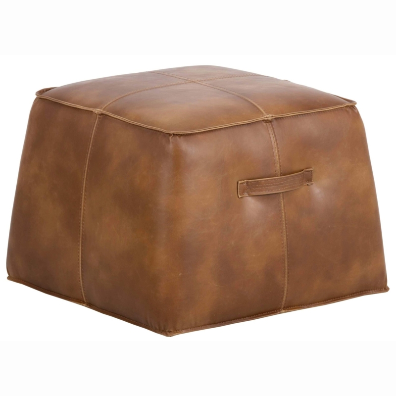 Round Ottoman Tobacco Tan Button Tufted Leather-Like Transitional
