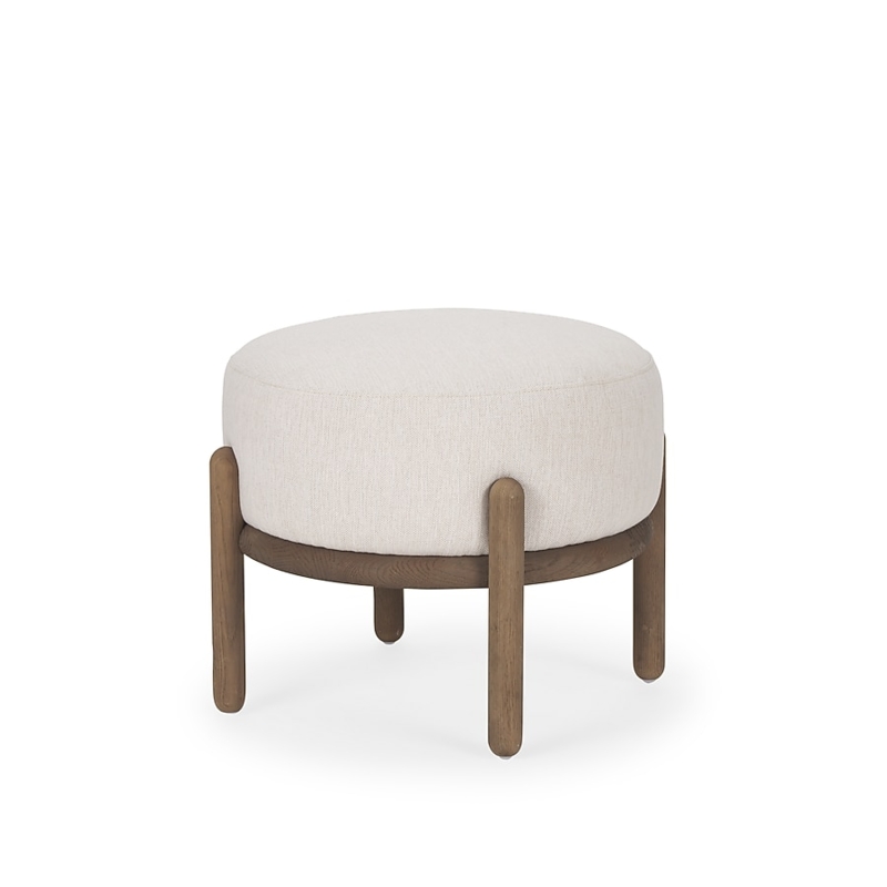 Round Ottoman, Tripod Wood Base, Cream Upholstery, Tapered Splayed Legs