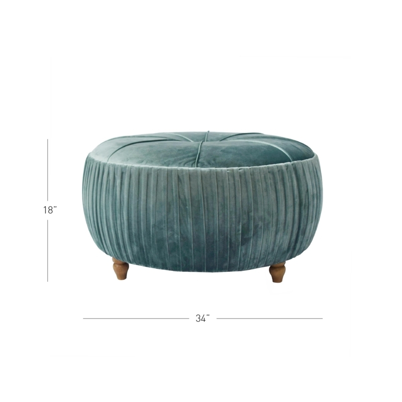 Round Ottoman Vertical Channel Tufted Velvet Recessed Gold Base