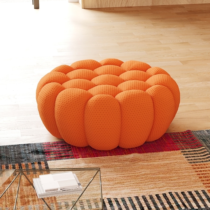 Round Ottoman Vibrant Orange Vertical Ribbed Modern Footstool
