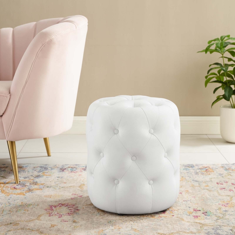 Round Ottoman White Diamond Button Tufted, Modern Glam Living Room Accent