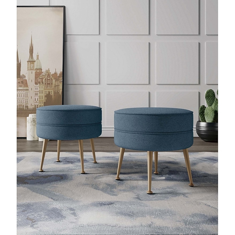 Round Ottoman with Gold Splayed Legs and Navy Blue Upholstery