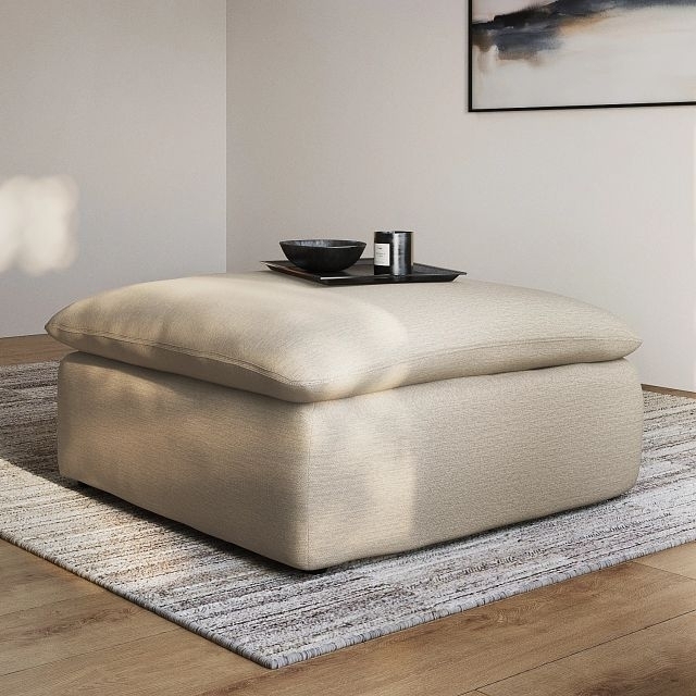 Round Ottoman with Pleated Skirt, Oversized Woven Fabric, Modern