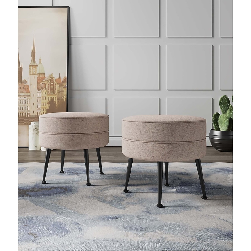 Round Ottoman with Splayed Black Legs and Oatmeal Woven Fabric