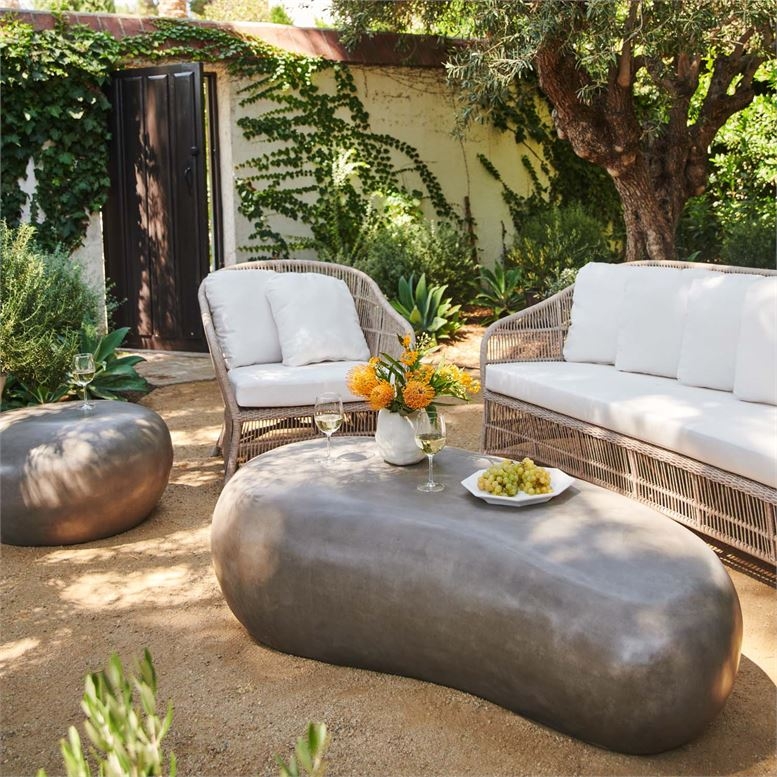 Round Outdoor Coffee Table, Pitted Texture, Weathered Stone-Like, Drum Base