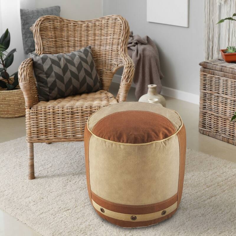 Round Pouf, Bohemian Textured Fringe Two-Tone Ottoman