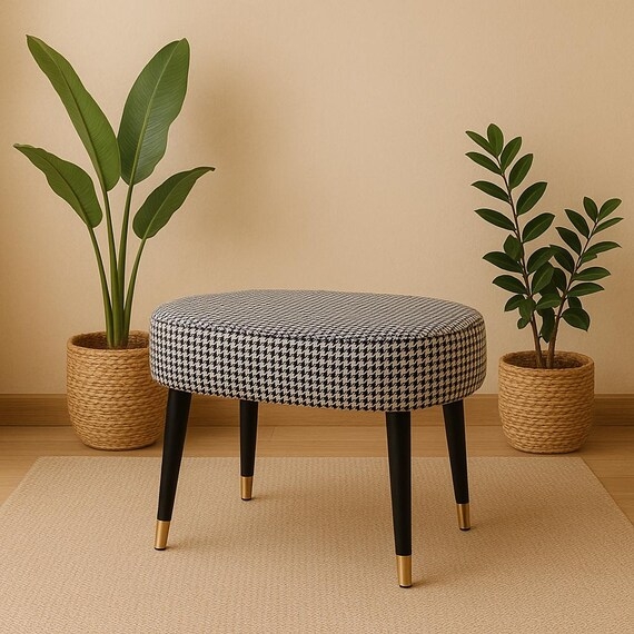 Round Pouf, Charcoal Woven Fabric with Metal Hairpin Legs