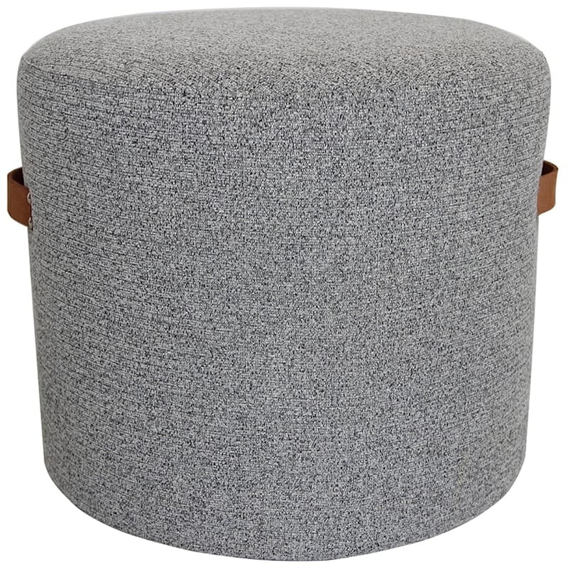 Round Pouf, Chunky Ribbed Weave, Charcoal Grey with Leather-Like Handles