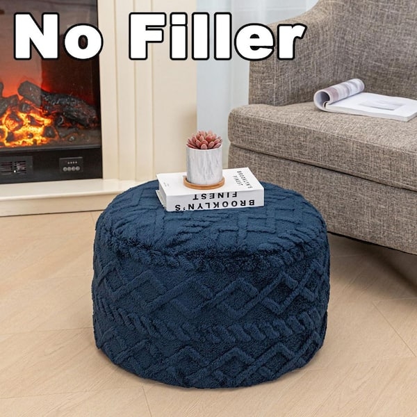 Round Pouf Cover Plush Faux Fur with Zipper Closure Storage Solution