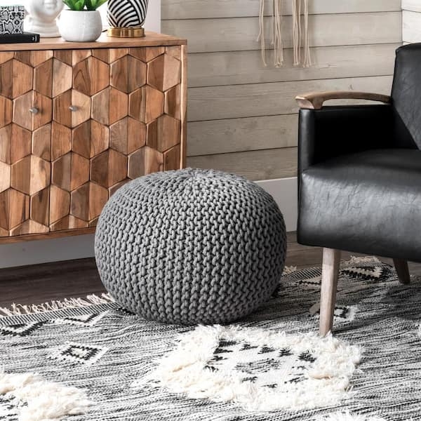 Round Pouf, Grey Chunky Knit Braided Texture, Modern Boho Floor Seating