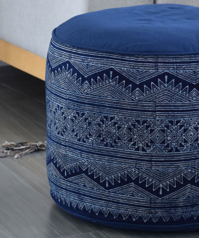 Round Pouf Indigo Batik Pattern with Embroidered Accents Floor Seating
