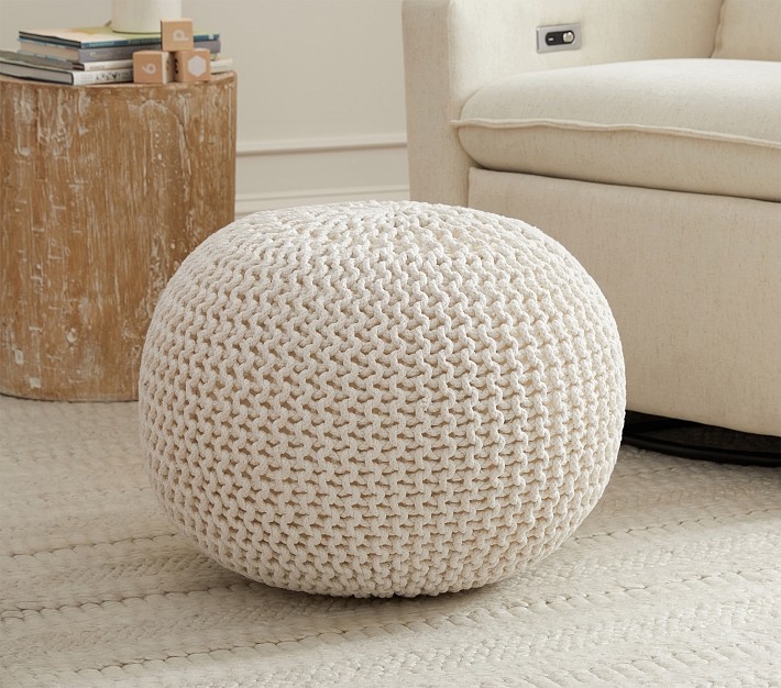 Round Pouf Ivory Chunky Knit Yarn Texture Boho Style