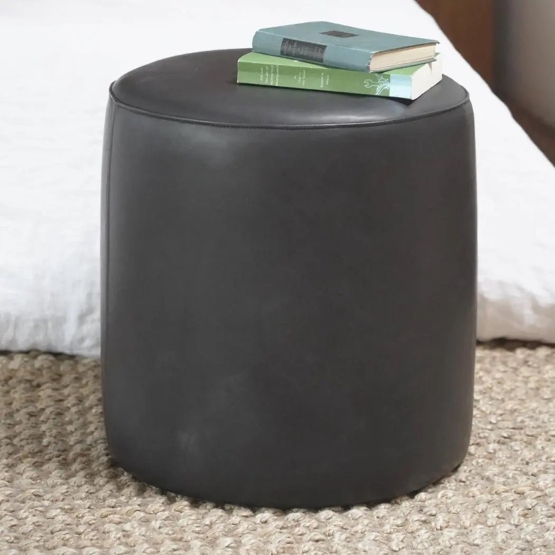 Round Pouf Leather-Like Segmented Panels Industrial Pebbled