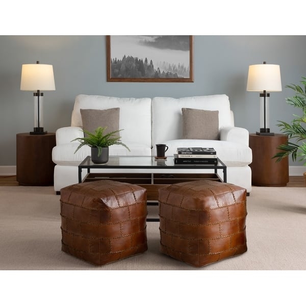 Round Pouf, Leather-like Stitched Patchwork Floor Seating