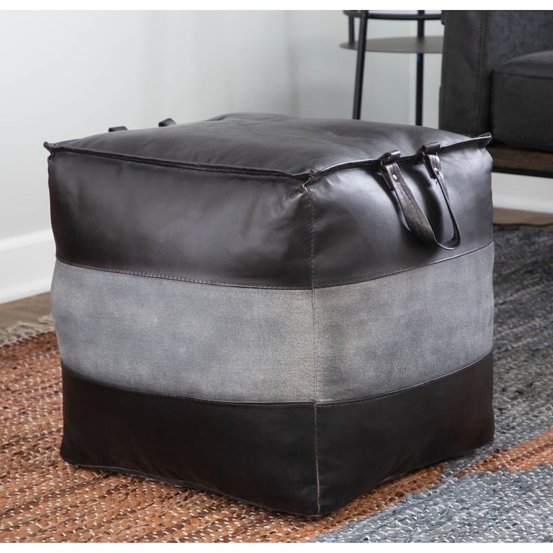 Round Pouf, Mixed Material Canvas and Leather Strap Handle