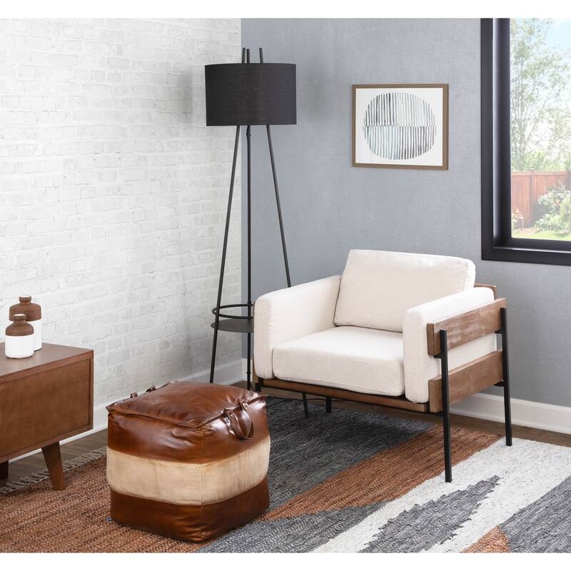 Round Pouf, Mixed Material Leather and Canvas with Handle