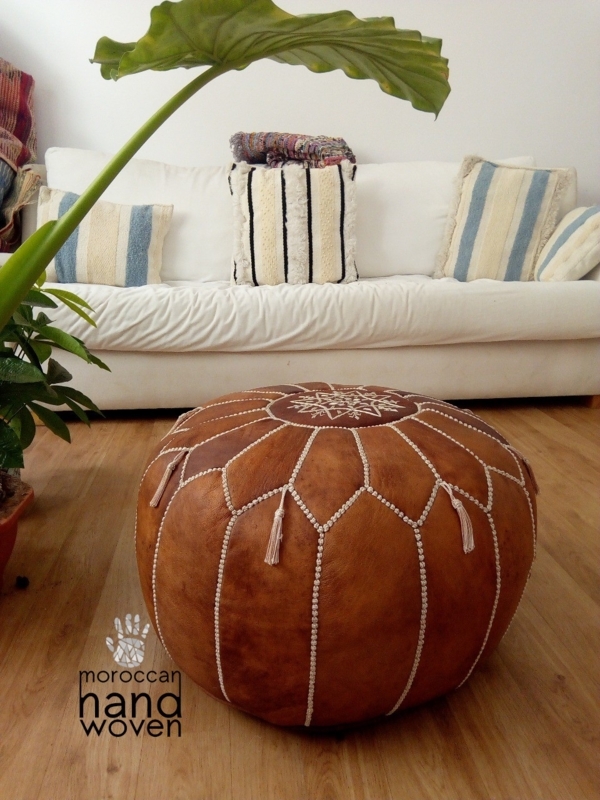 Round Pouf Oiled Tan Leather-Like White Contrast Stitching